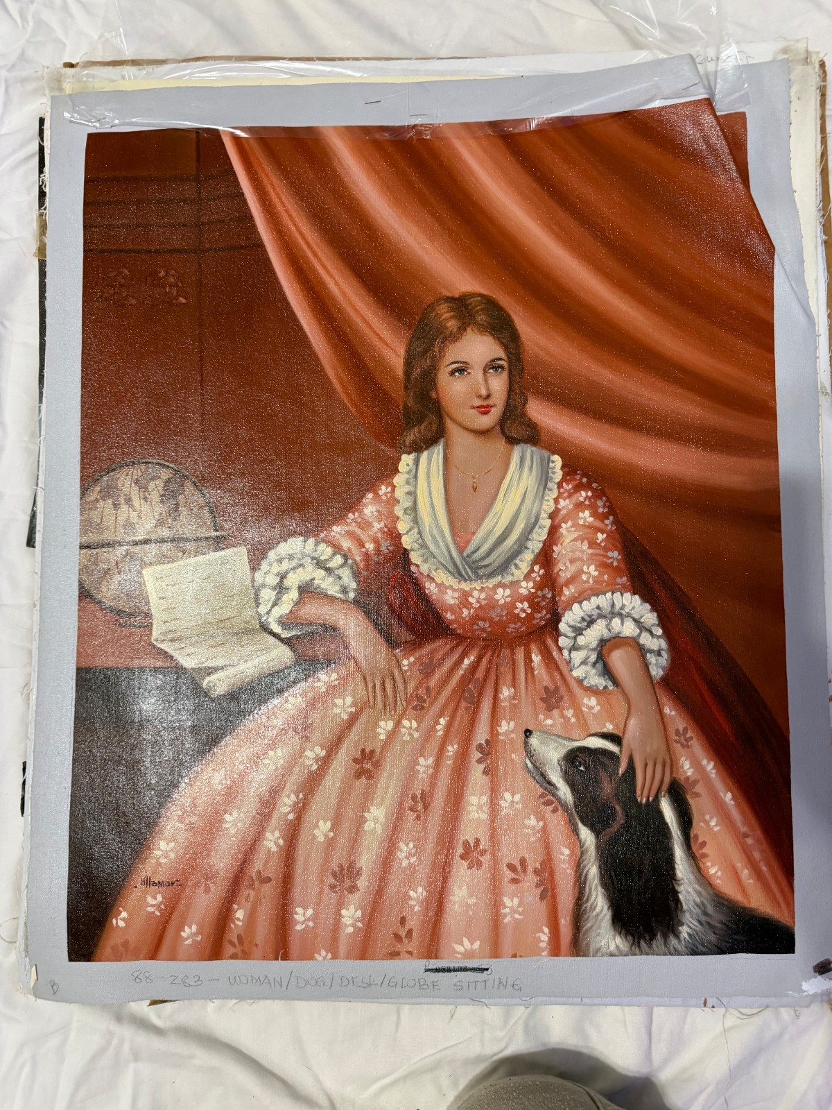 Original Victorian Lady Portrait Oil Painting Print Dog Vintage Art