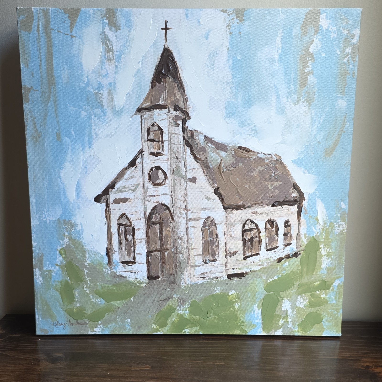 Signed Rustic Church Canvas Painting 18×18 Farmhouse Cottage Wall Art