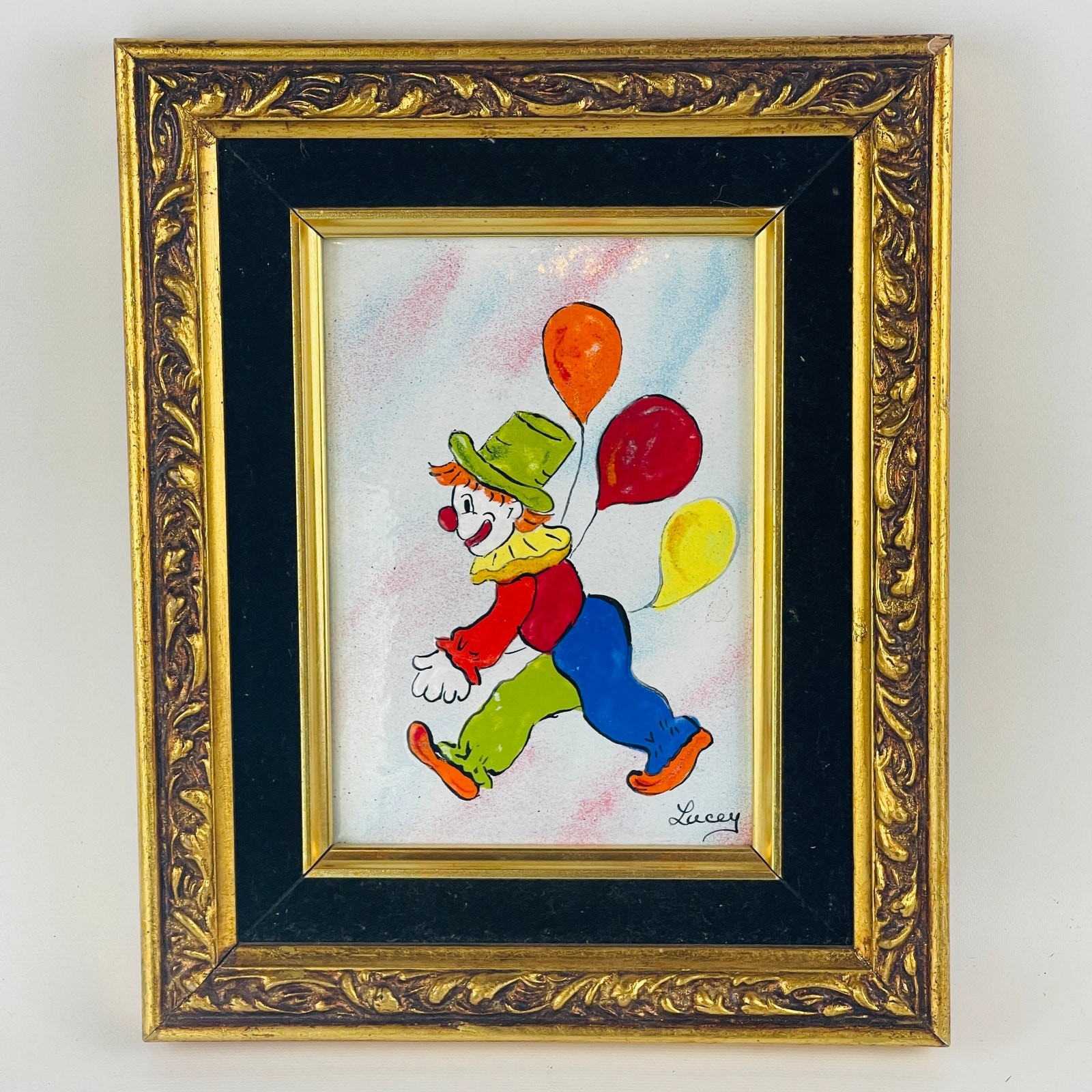 Vintage Jean Lucey Enameled Clown Painting Framed; Frame 10 5/8 x 8 5/8”