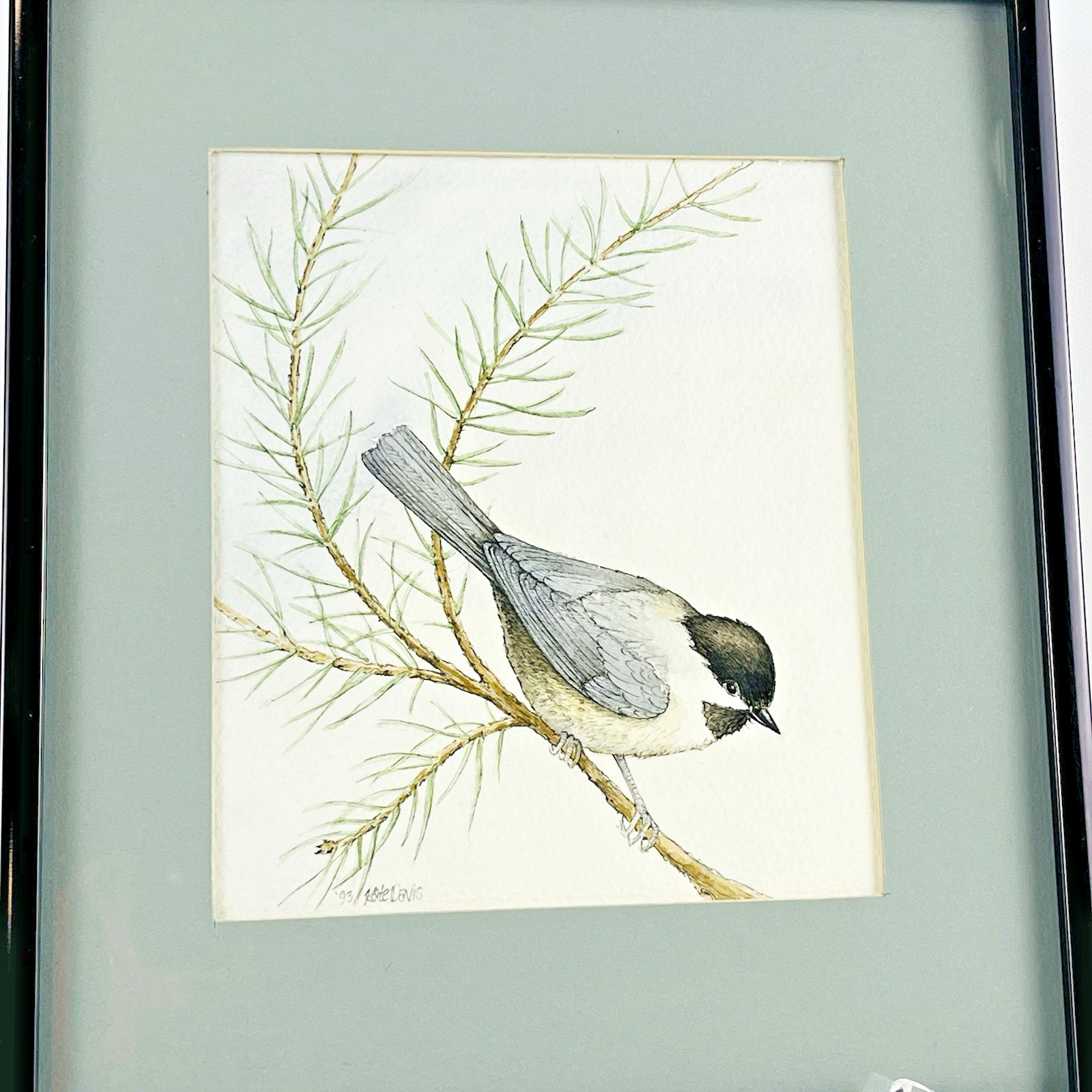 Black-Capped Chickadee Framed Green Mat Artist Signed Kate Davis 93 Gallery Wall