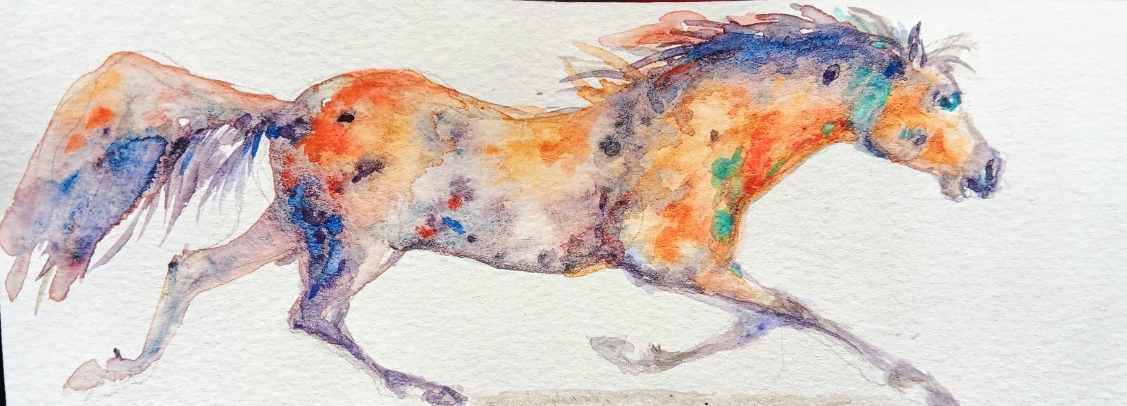 Horse running Art Original painting.Signed watercolor, equestrian art 7×2.5″