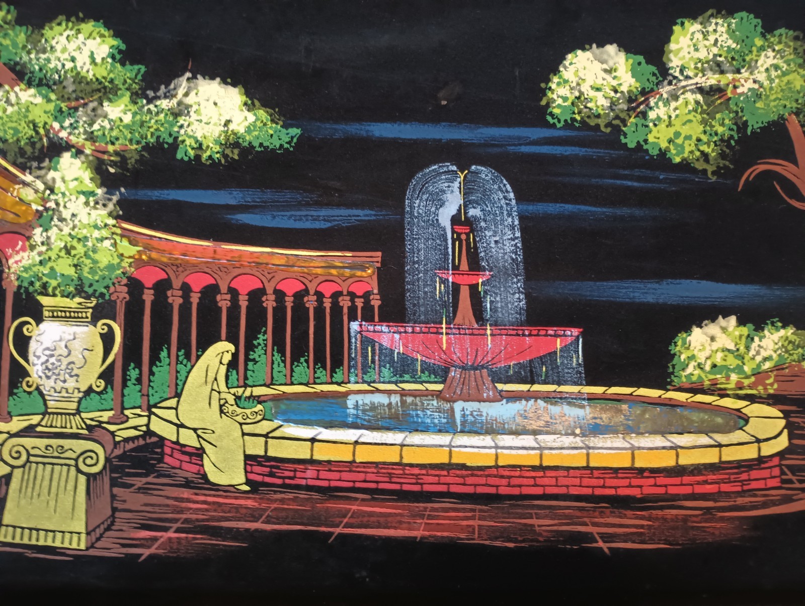 MCM Ashbrook Studios Roman Garden LIGHTED Velvet Oil Painting 23 X 45 Framed VTG