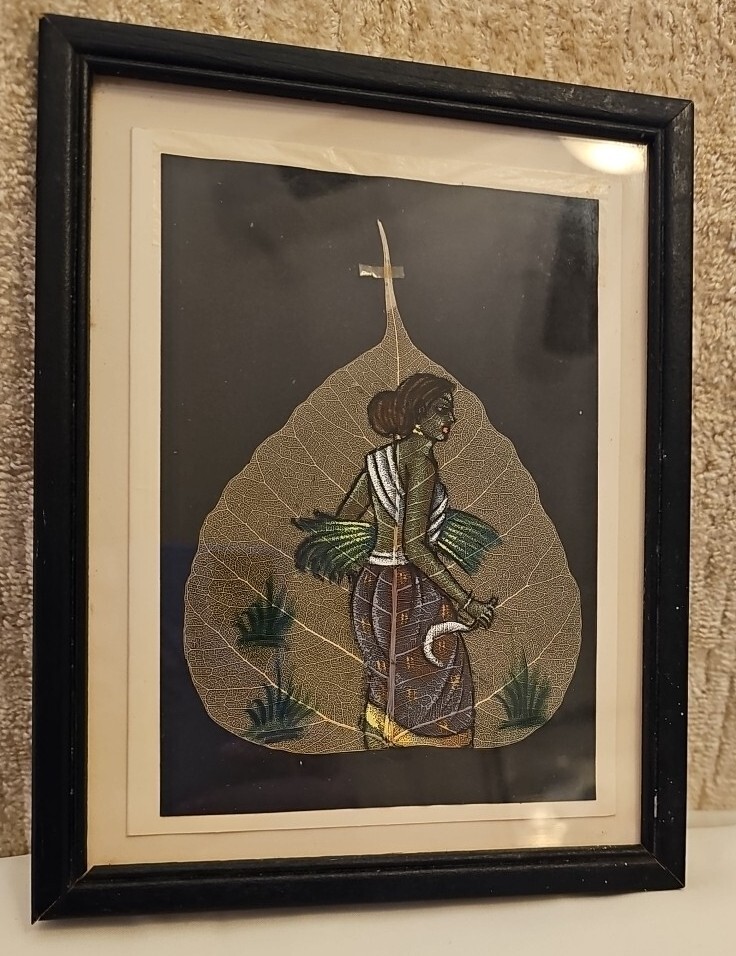 PIPAL TREE LEAF ORIGINAL HANDPAINTED IN OIL GIRL CUTTING GRASS FRAMED