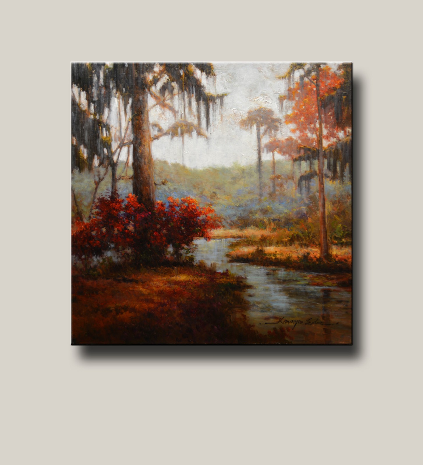 Acrylic on canvas lanscape painting with trees spanish moss and brook. Original