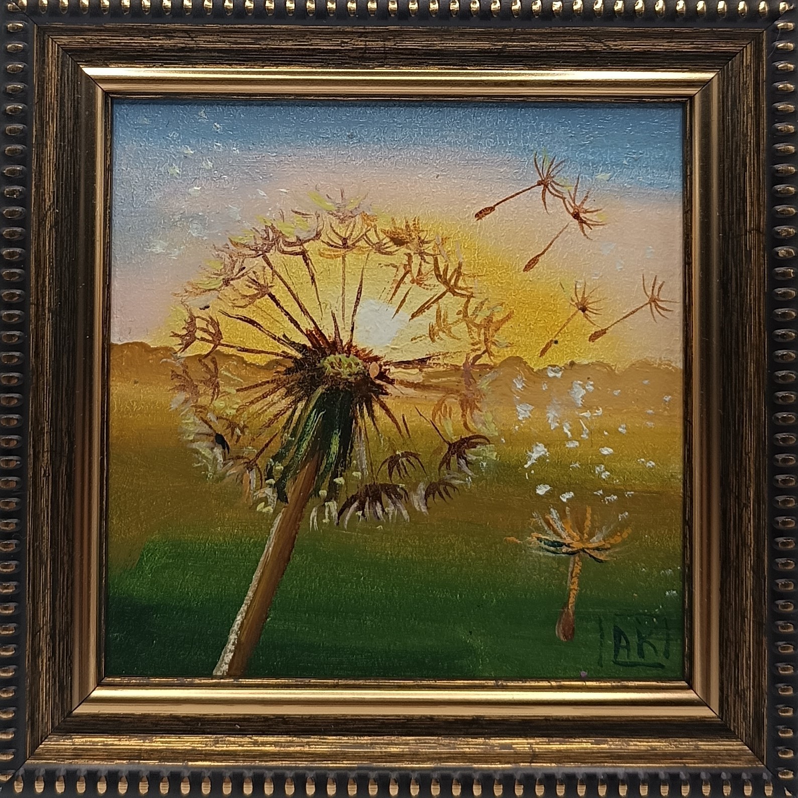 Original Dandelion Oil Painting Sunset Meadow Framed Square Miniature Art 4×4