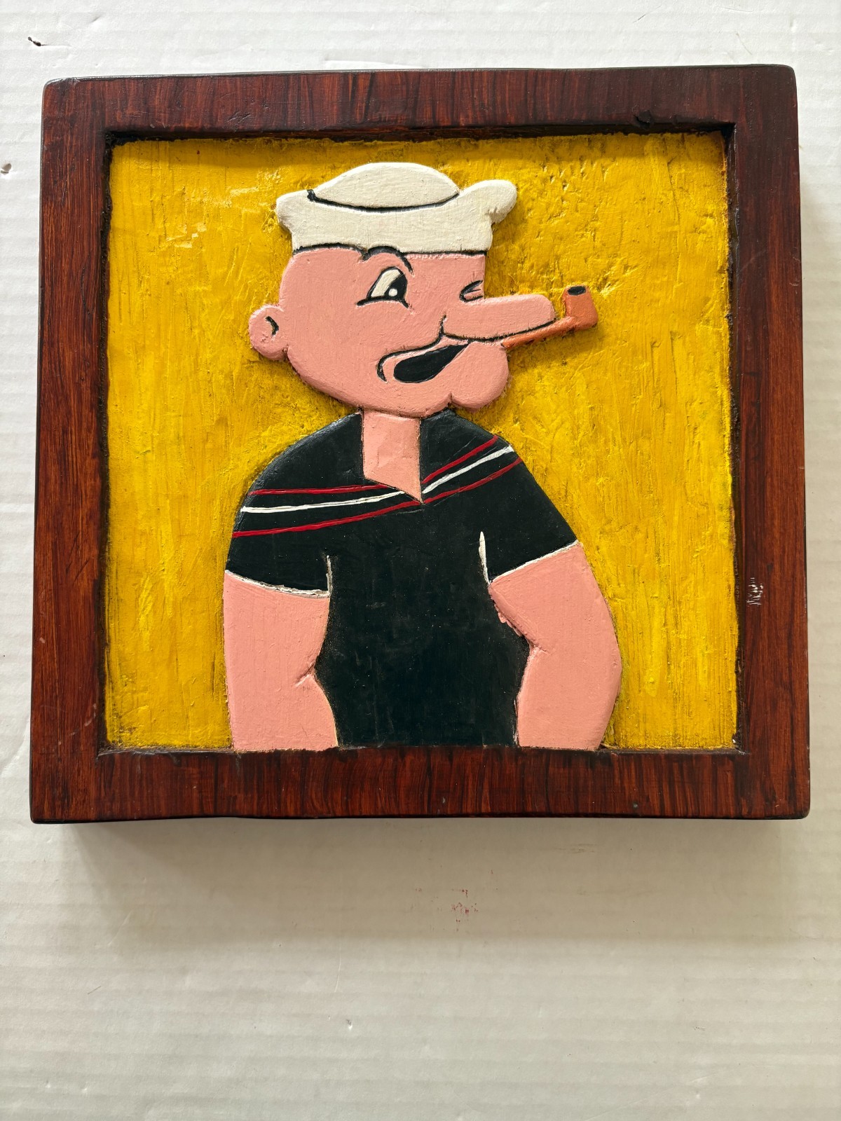 POPEYE Vintage Painted Wood Carved Painting Folk Art Wall Art- 11 x 11″