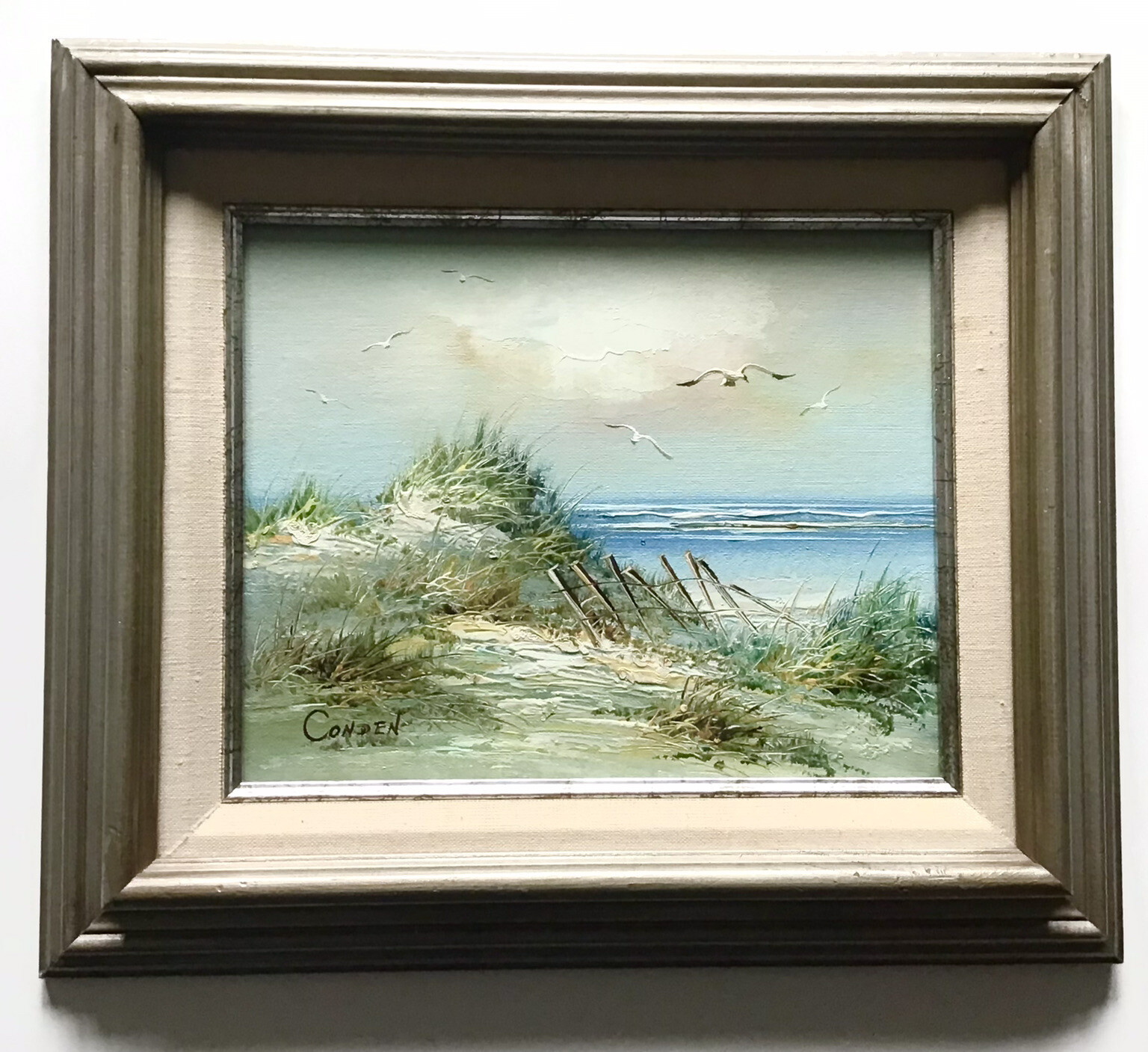 Conden Signed Framed Matted Oil Painting Seascape Beach Dunes Sky Seagulls Ocean