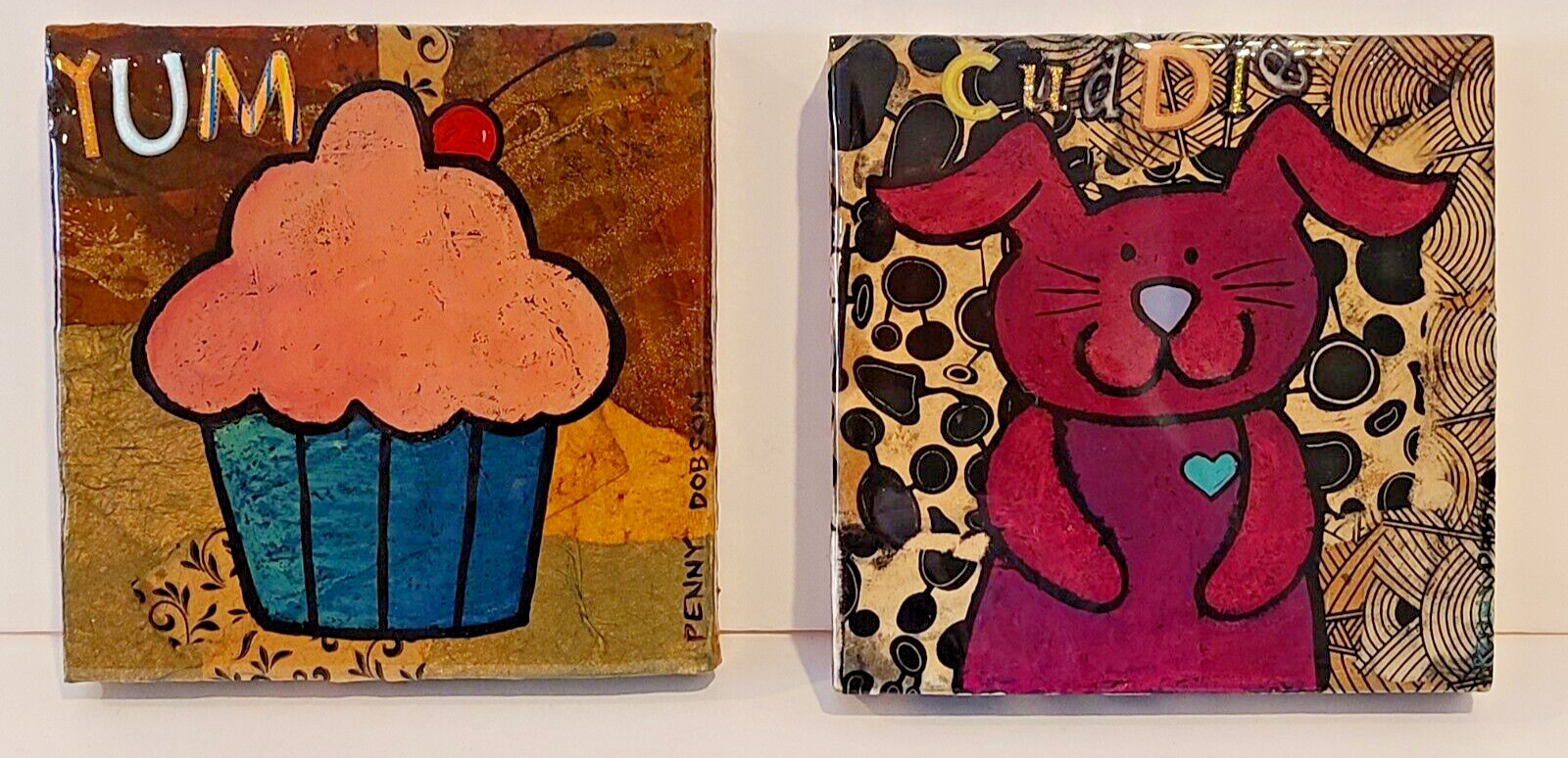 Two Original Paintings Penny Dobson Signed Cupcake Rabbit Contemporary Art