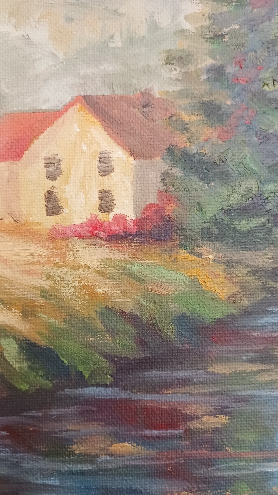 House by the River ORIGINAL Oil Painting Vintage Forest Country 11″x14″
