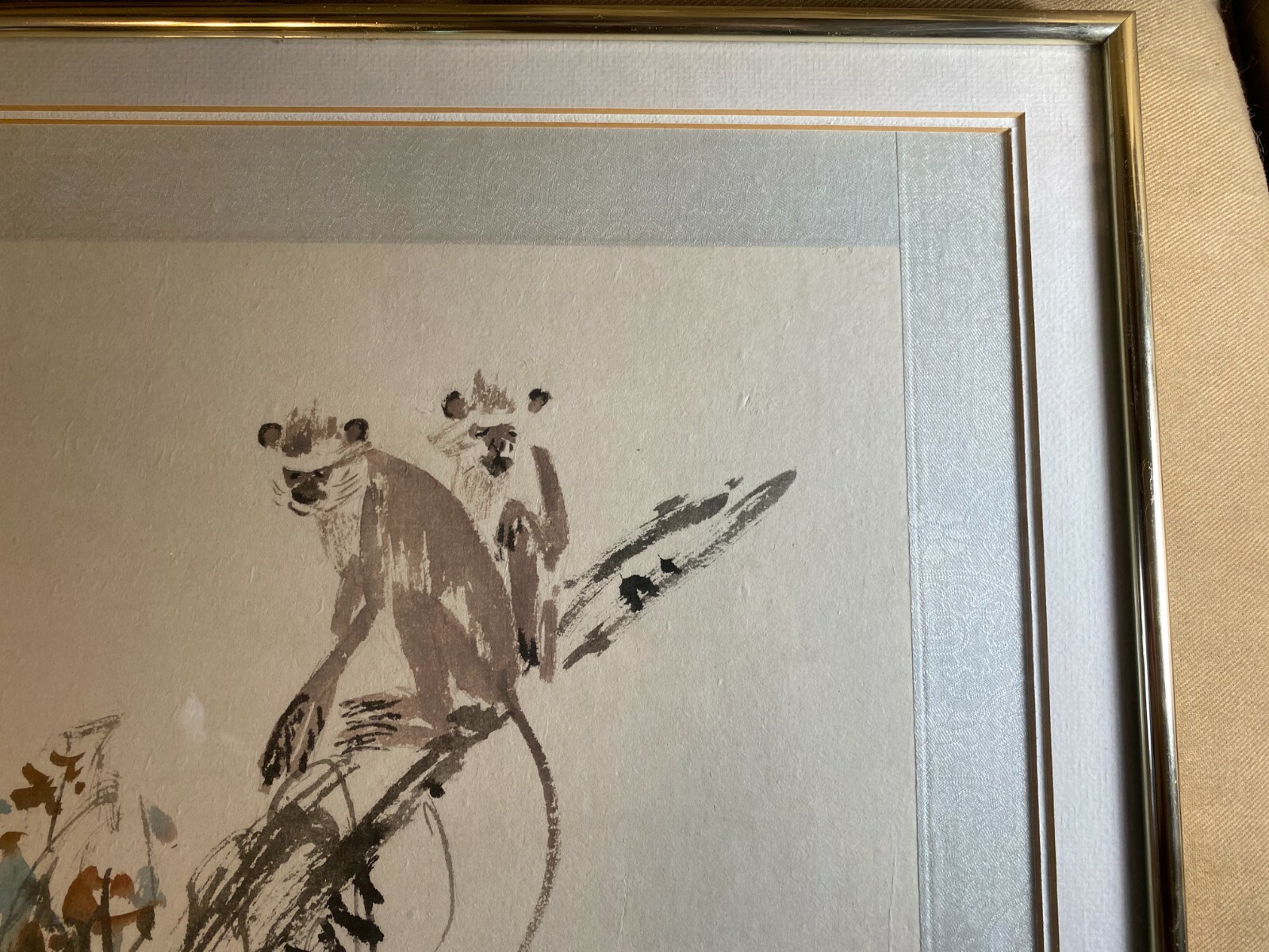 1984 «Monkey On Branch Scene» Asian Watercolor Painting – Signed And Framed