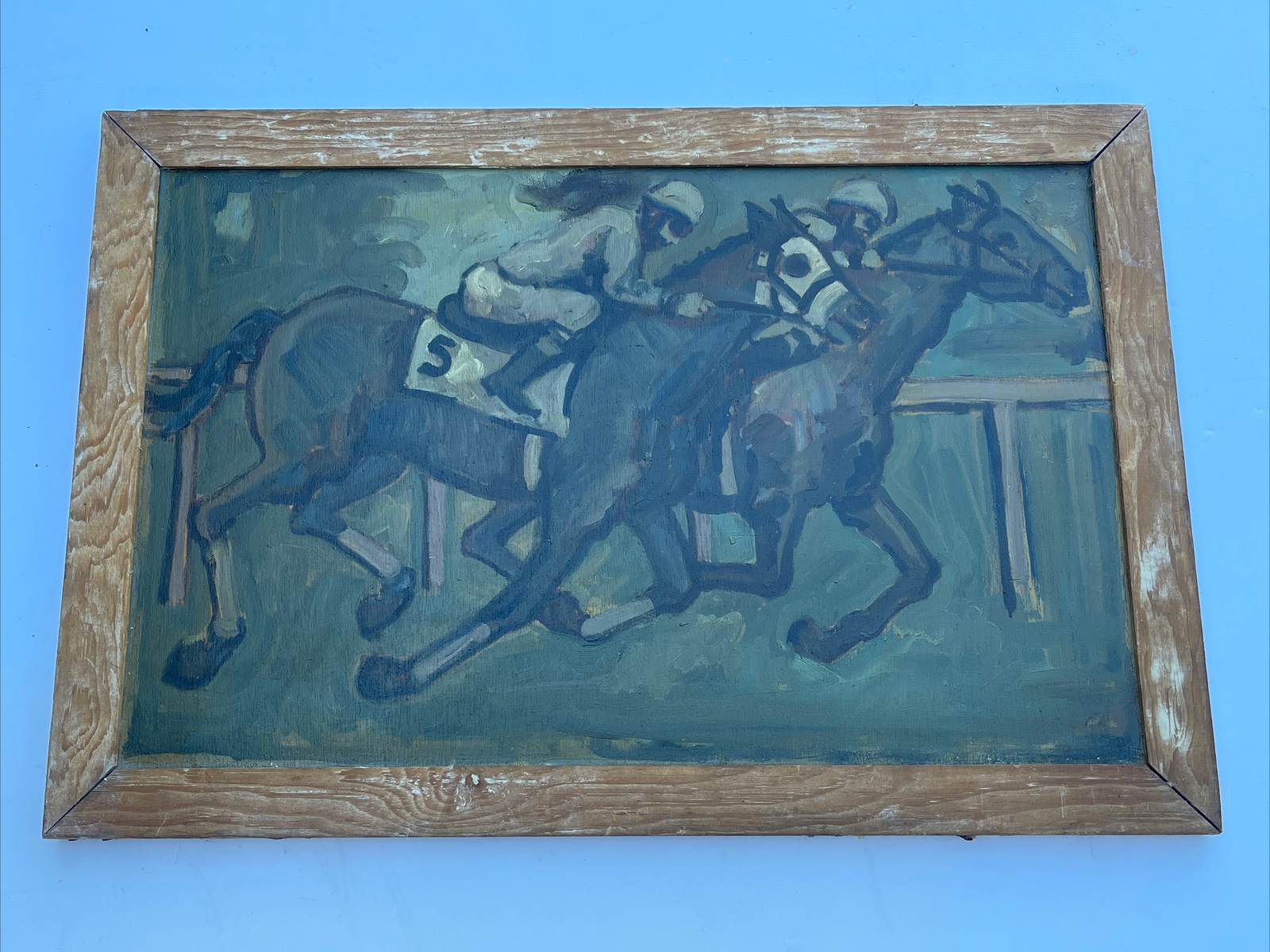 Antique Painting Impressionism Horse Race Track Jockey Portrait Mid Century Wpa