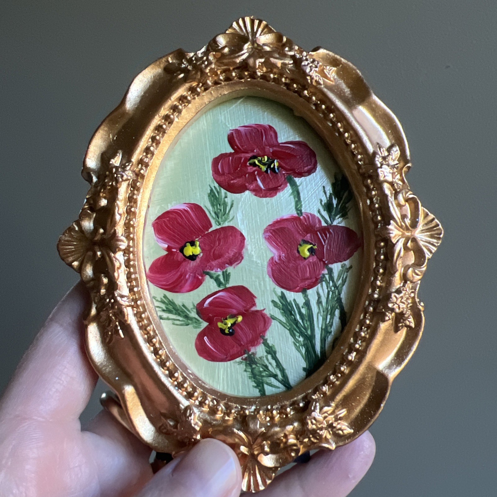 Flowers,red Poppies original miniature Painting,small,mini,framed