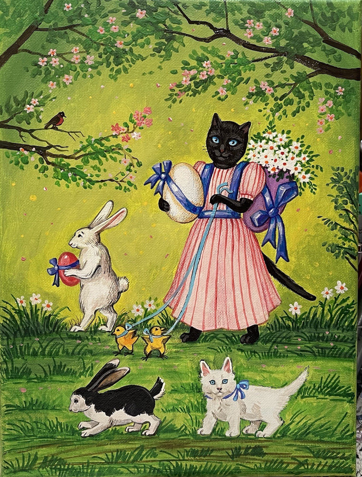 ACEO PRINT OF PAINTING RYTA Easter Bunny Black Main Coon Cat Egg Rabbit Folk Art