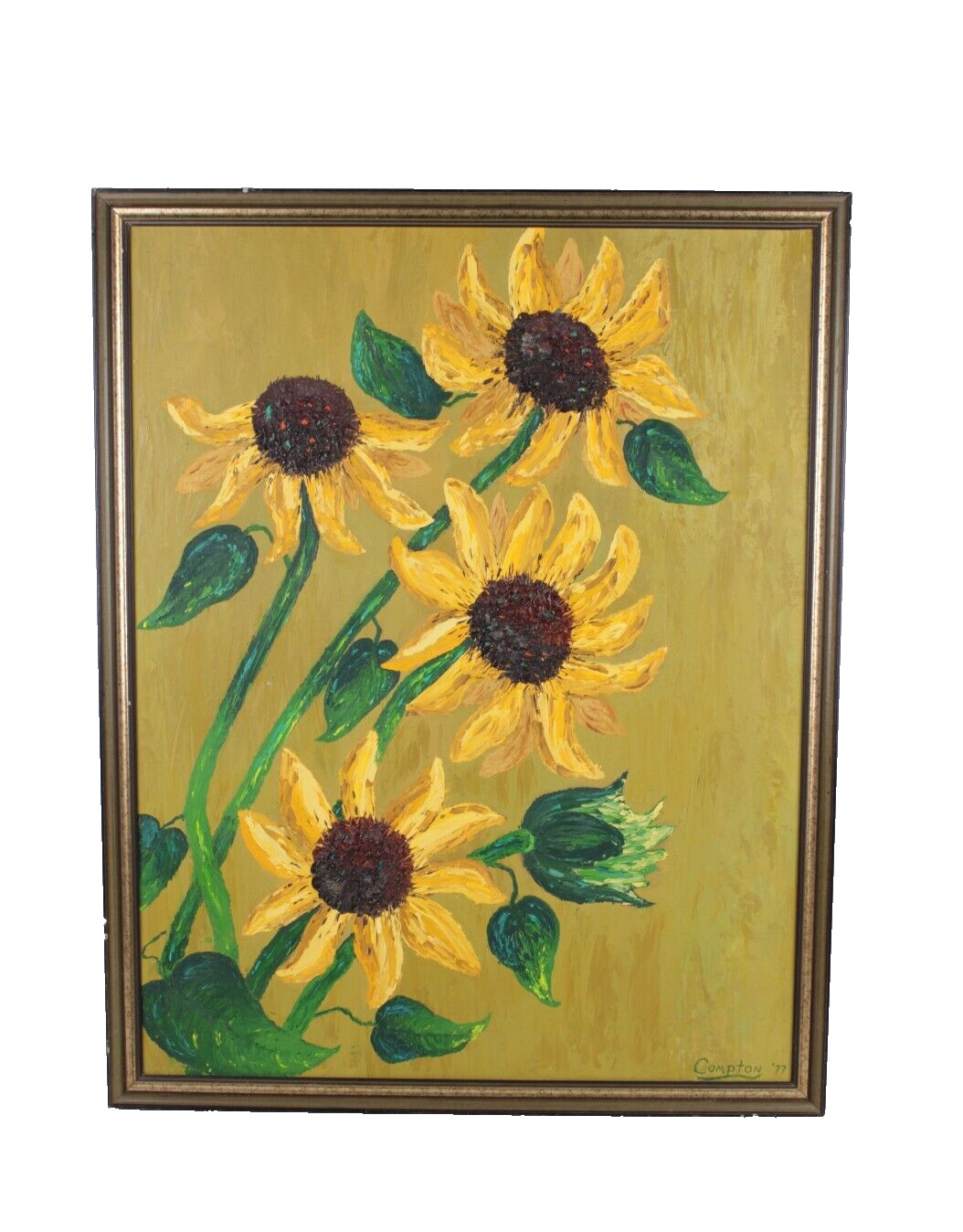 Vintage Sunflowers Still Life Oil Painting On Board Signed Compton 77