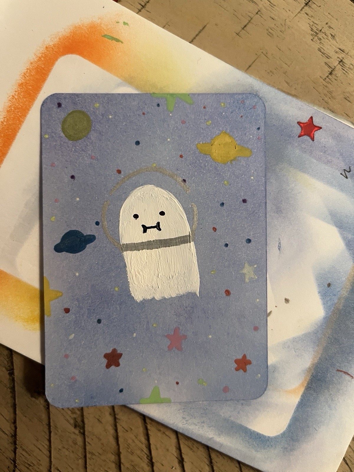 Aceo Space Ghost Astronaut Mixed Media Art Card. Stars And Planet Background.