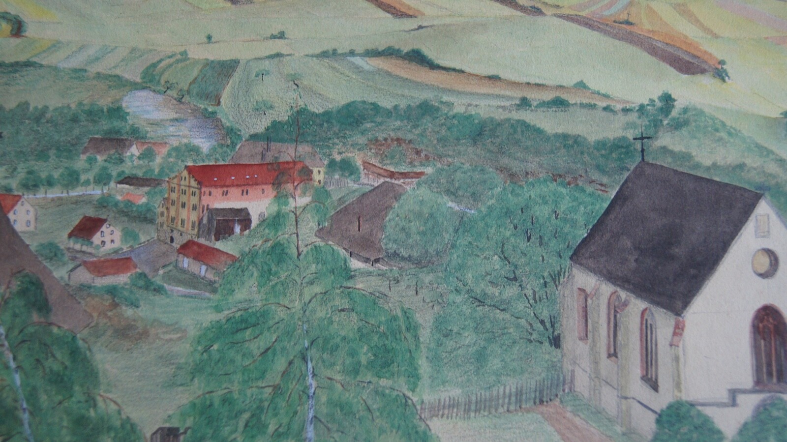 Watercolour/Mixing Technique View From City With Church IN Valley Before