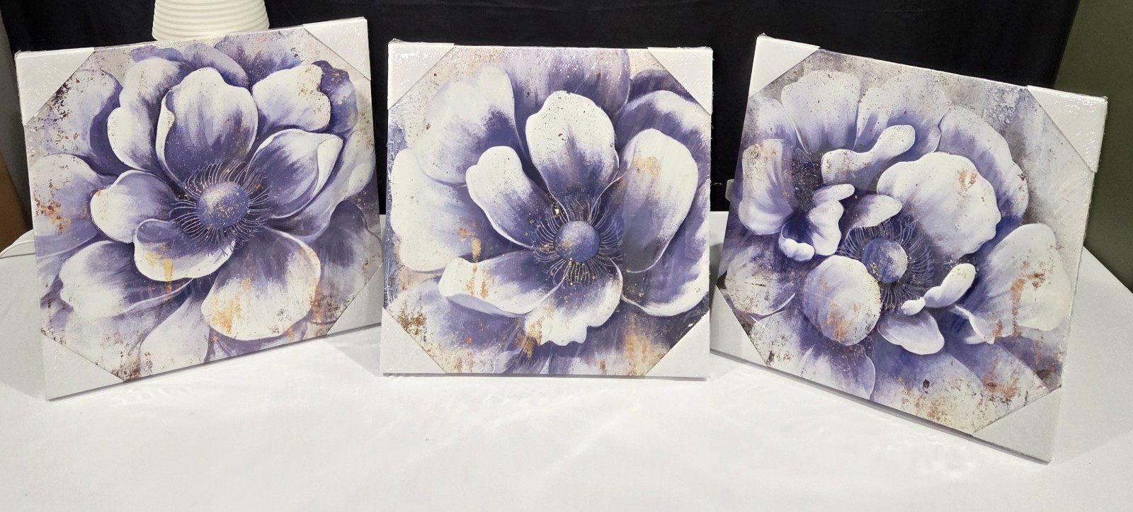Set of 3 Abstract Art Purple And Gold Floral White Background on Canvas 12 x 12